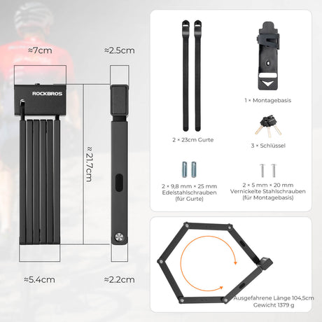 ROCKBROS Faltschloss Fahrradschloss 104 cm Faltbares