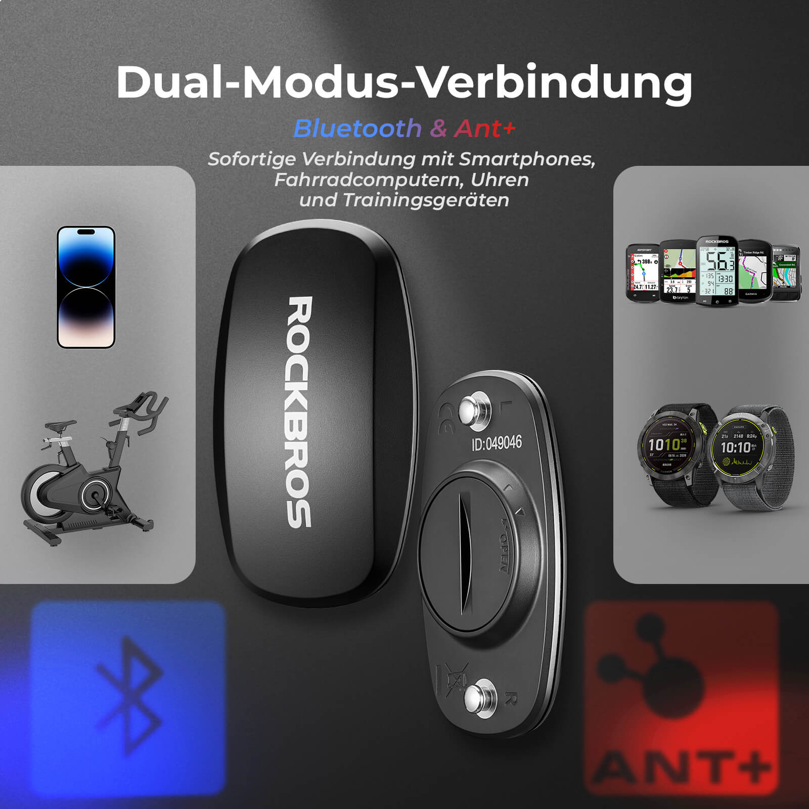 ROCKBROS Herzfrequenzmesser Brustgurt – Bluetooth & ANT+, 800h Akku, IP67 Wasserdicht, Für Garmin/Wahoo/Polar