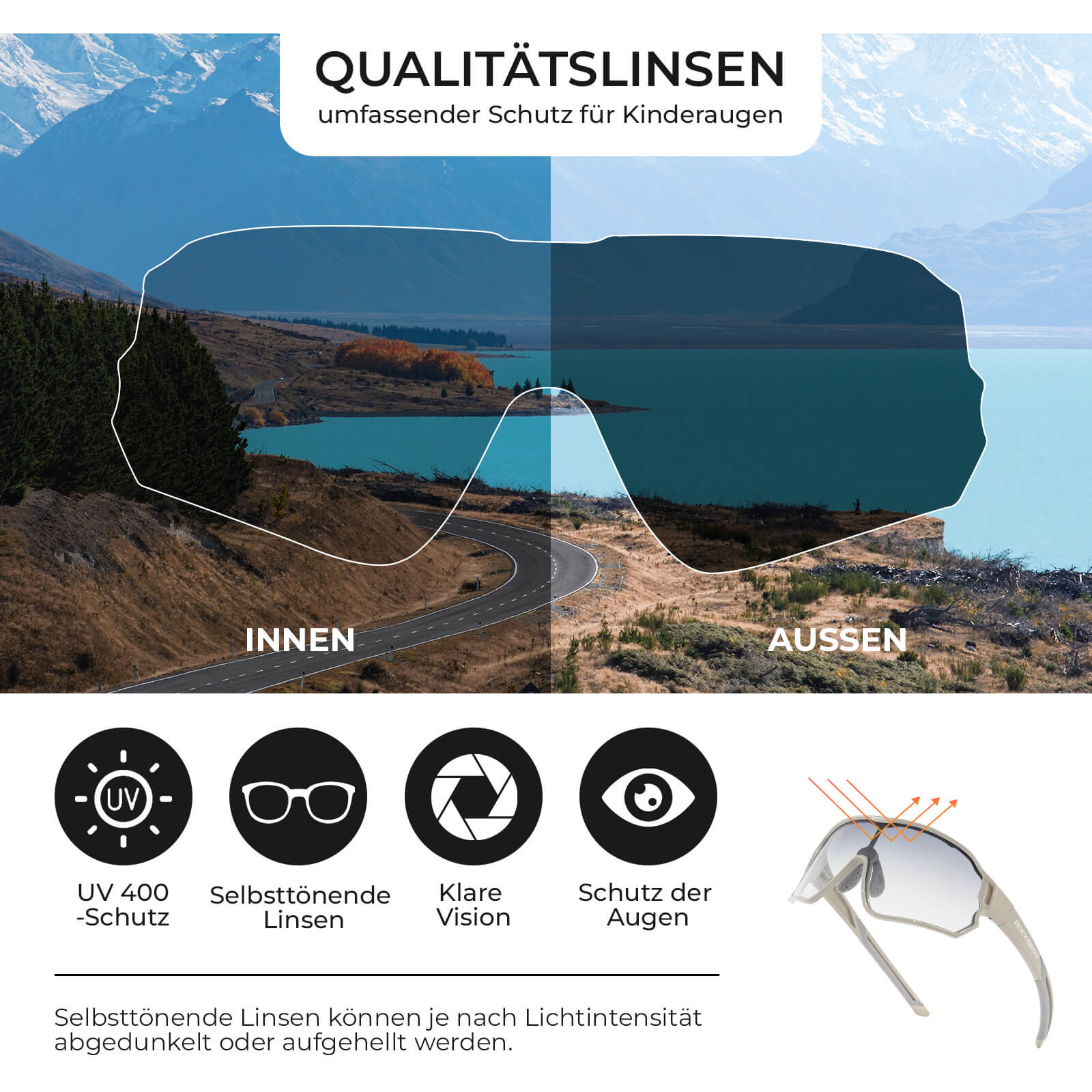 ROCKBROS Kinder Fahrradbrille UV400-Schutz Selbsttönend Sonnenbrille - ROCKBROS-EU