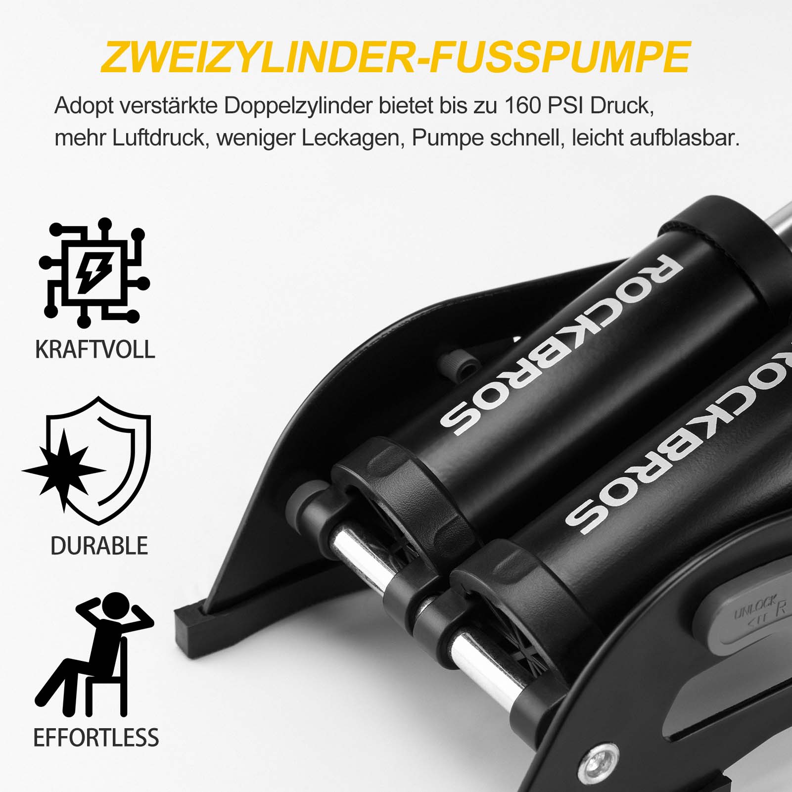ROCKBROS Luftpumpe Fußpumpe mit Doppelzylinder Manometer Schwarz