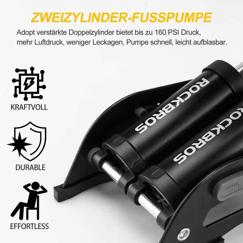 Cargue la imagen en el visor de la galería, ROCKBROS Luftpumpe Fußpumpe mit Doppelzylinder Manometer Schwarz
