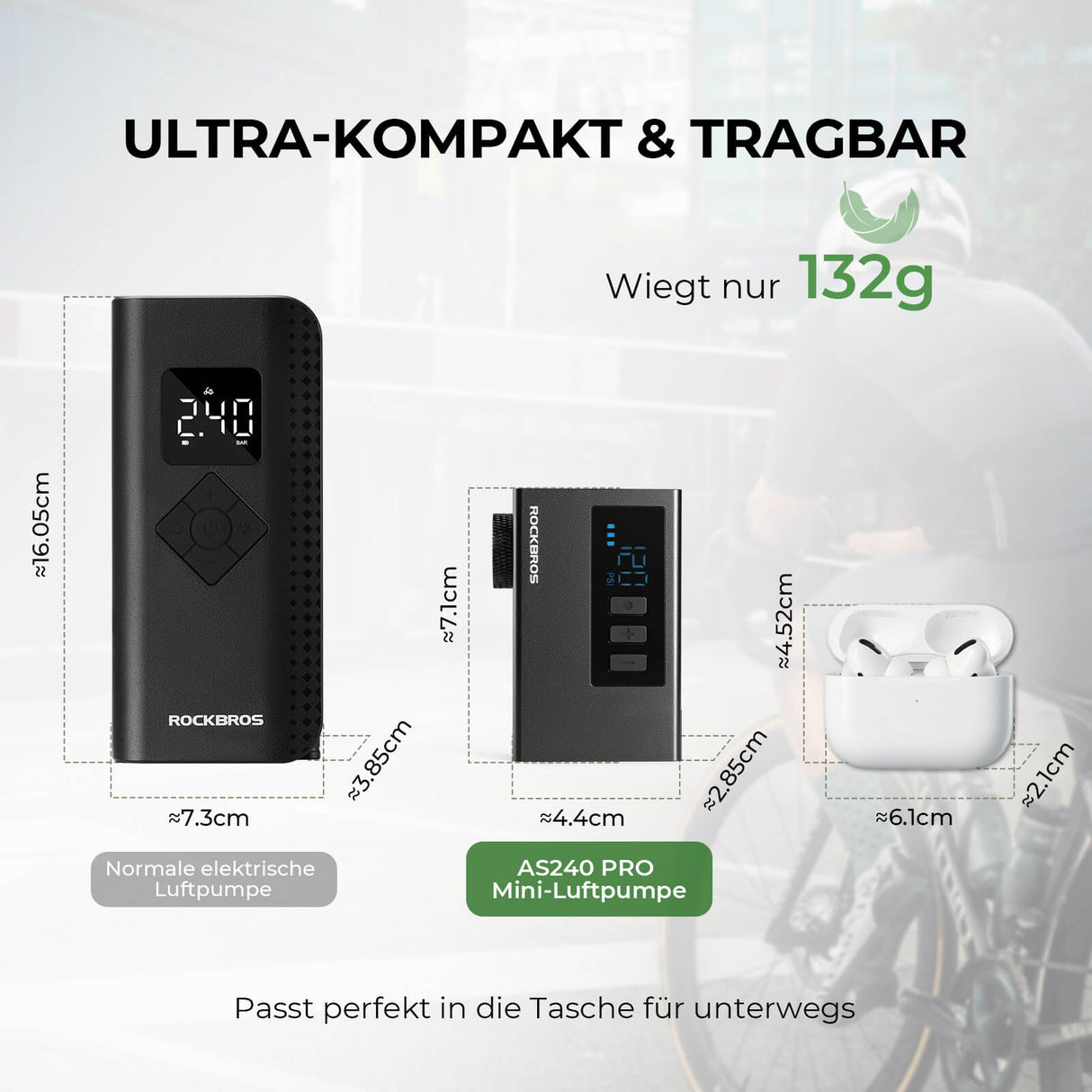 ROCKBROS MINI Elektrische Fahrradpumpe AS240 Pro – Tragbare Kraft für unterwegs!​