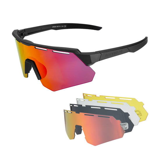 ROCKBROS Polarisierte Fahrradbrille mit 4 Wechselgläser Schwarz