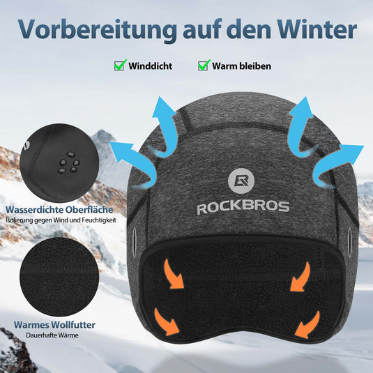 ROCKBROS Winter Fahrradkappe Winddicht Helmmütze mit Brillenlöcher Grau