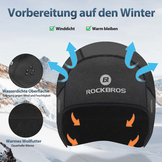 ROCKBROS Winter Fahrradkappe Winddicht Helmmütze mit Brillenlöcher Schwarz