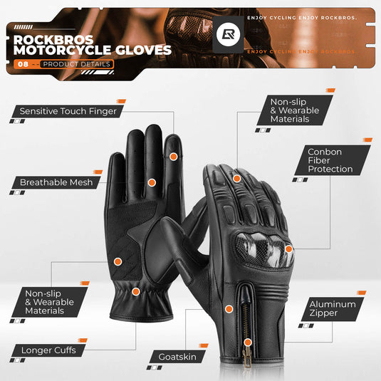 ROCKBROS Motorradhandschuhe Touchscreen Leder Vollfinger Handschuhe Amtungsaktiv