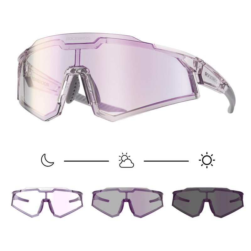 Laden Sie das Bild in Galerie -Viewer, ROCKBROS Sonnenbrille Fahrradbrille Selbsttönend Outdoor UV400 Schutz-Transparentlila
