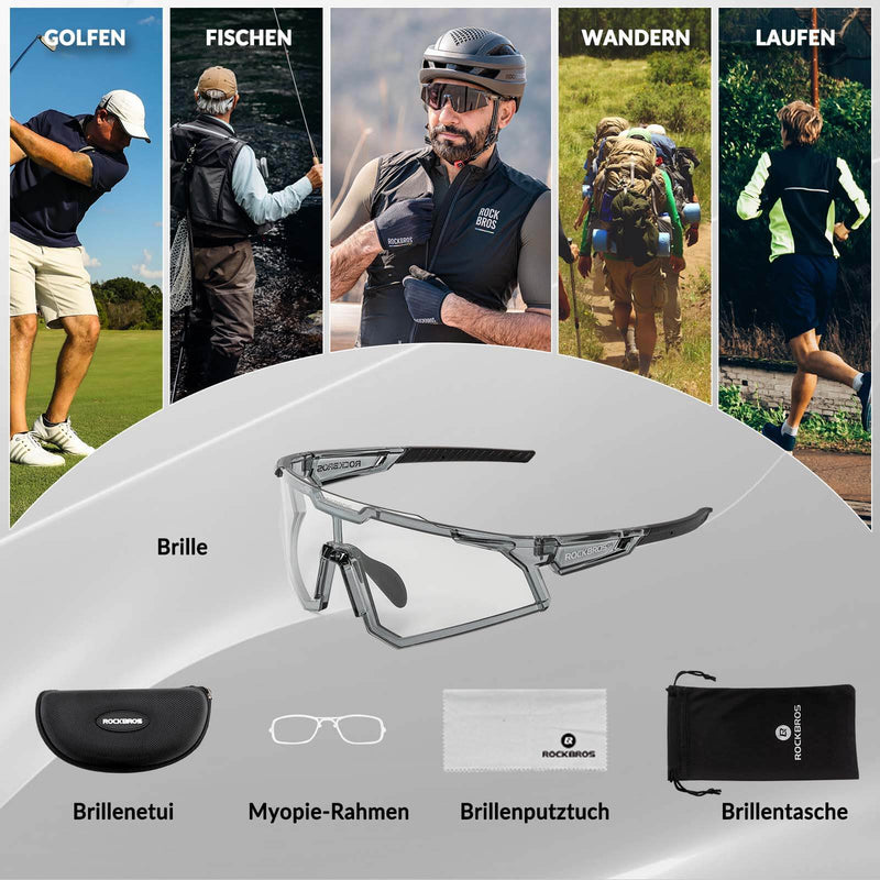 Laden Sie das Bild in Galerie -Viewer, ROCKBROS Sonnenbrille Fahrradbrille Selbsttönend Outdoor UV400 Schutz-Transparentschwarz
