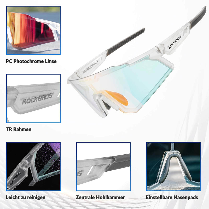 Laden Sie das Bild in Galerie -Viewer, ROCKBROS Sonnenbrille Fahrradbrille Selbsttönend Outdoor UV400 Schutz-Transparentweiß
