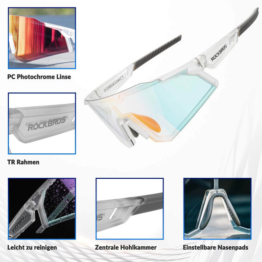 ROCKBROS Sonnenbrille Fahrradbrille Selbsttönend Outdoor UV400 Schutz-Transparentweiß