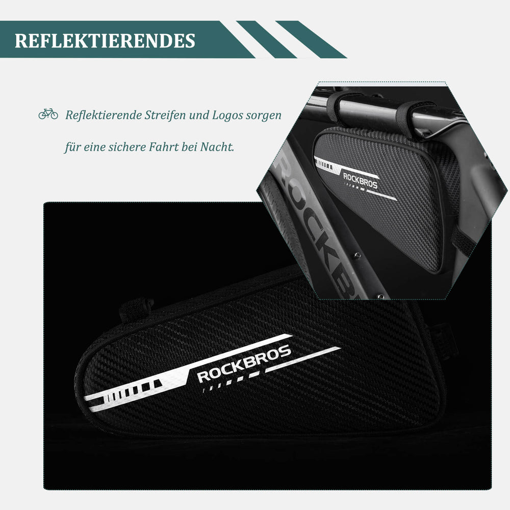 ROCKBROS 1.2L wasserdichte Rahmentasche, ideal für Mountainbikes und Rennräder, mit reflektierendem Design und einfacher Installation.
