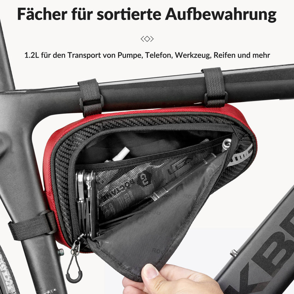ROCKBROS 1.2L wasserdichte Rahmentasche, ideal für Mountainbikes und Rennräder, mit reflektierendem Design und einfacher Installation.