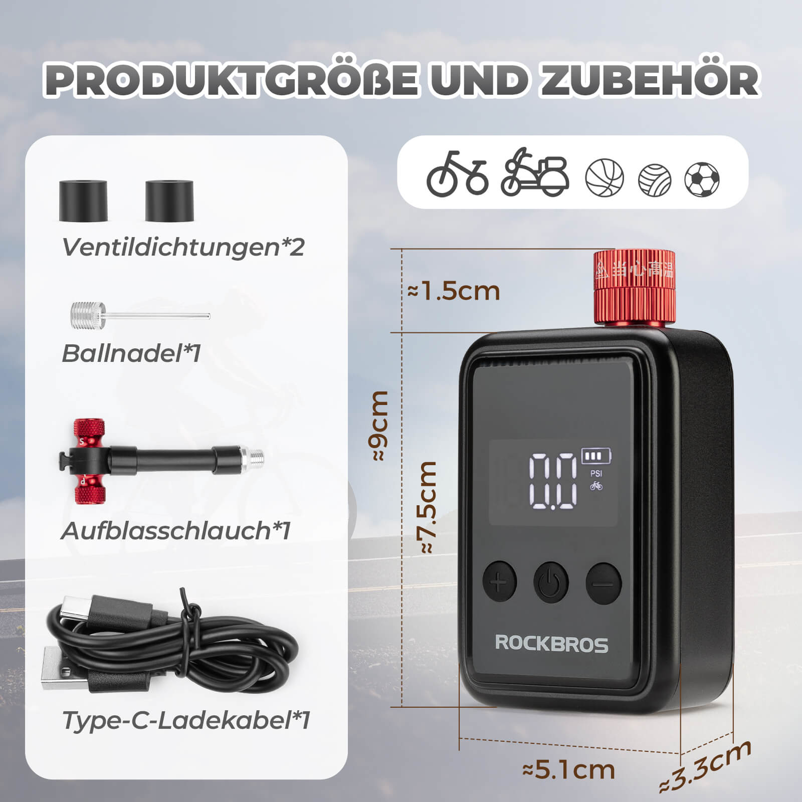 ROCKBROS Elektrische Fahrradpumpe Mini-Luftpumpe Tragbar LED-Anzeige