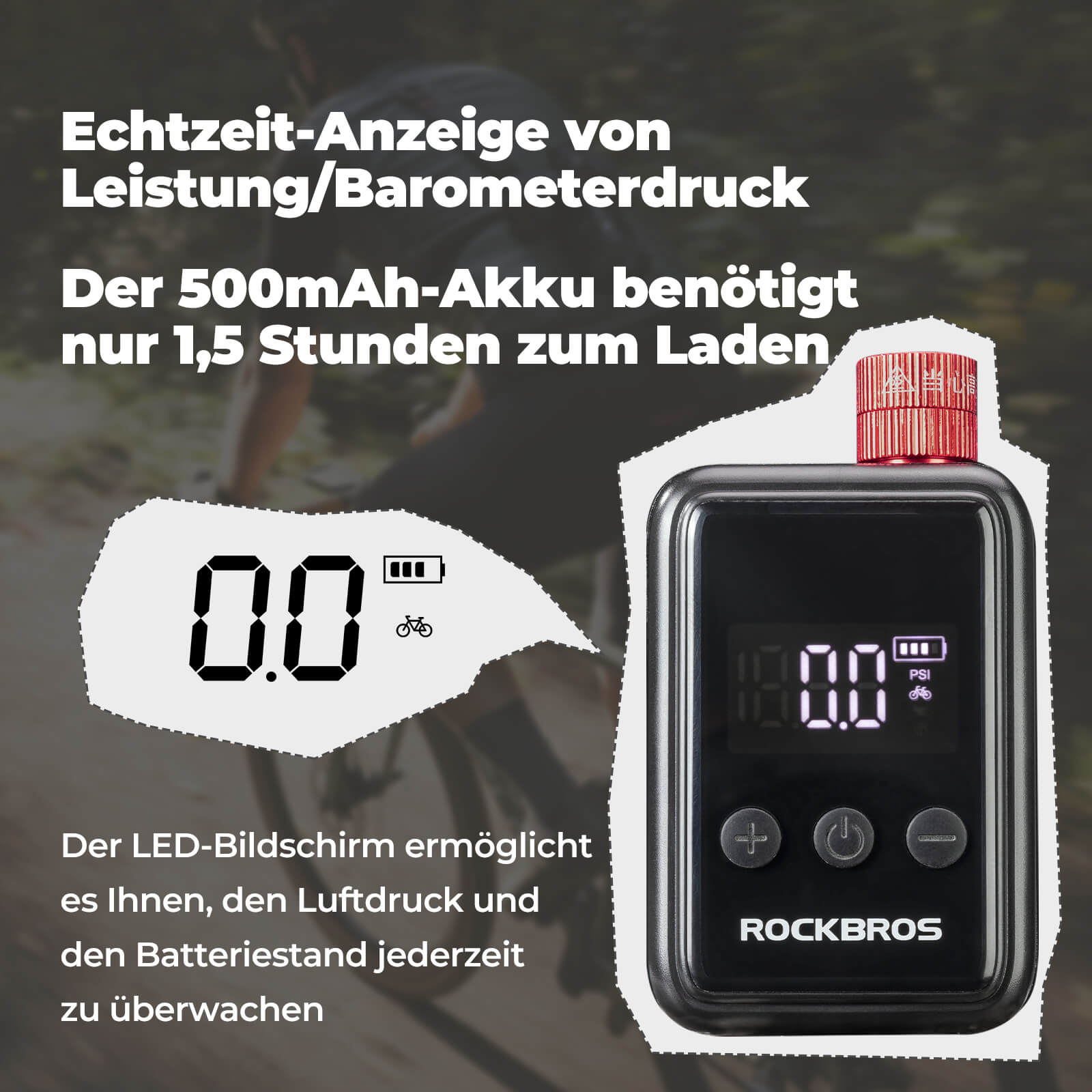 ROCKBROS Elektrische Fahrradpumpe Mini-Luftpumpe Tragbar LED-Anzeige