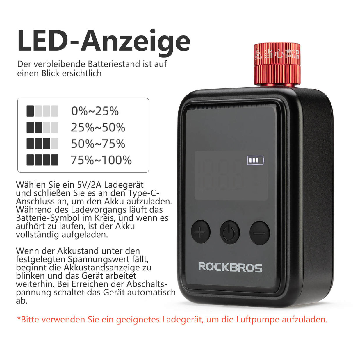 ROCKBROS Elektrische Fahrradpumpe Mini-Luftpumpe Tragbar LED-Anzeige