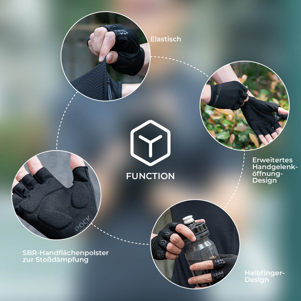 ROCKBROS Fahrrad Handschuhe Halbfinger rutschfest Stoßdämpfende Sommer-Schwarz