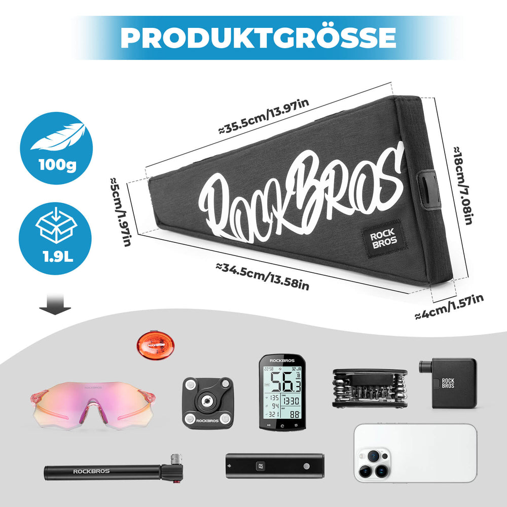 ROCKBROS Fahrrad Rahmentasche Dreieckstasche mit Klettbandverschluss 1,9 L für Gravelbike MTB Ebike Rennrad