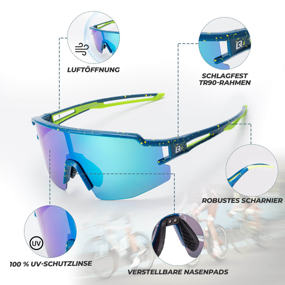 ROCKBROS Fahrradbrille Polarisiert Sportbrille winddichte Sonnenbrille UV 400-Blau-Rahmen grün