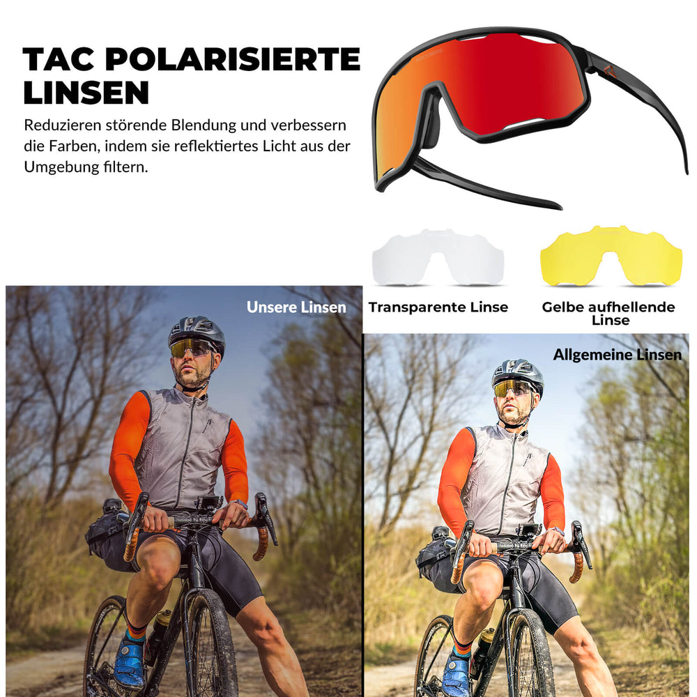 ROCKBROS Fahrradbrille Polarisierte Sonnenbrille UV-Schutz Wechsel-Nasenpads Damen/Herren-Schwarz-Rot