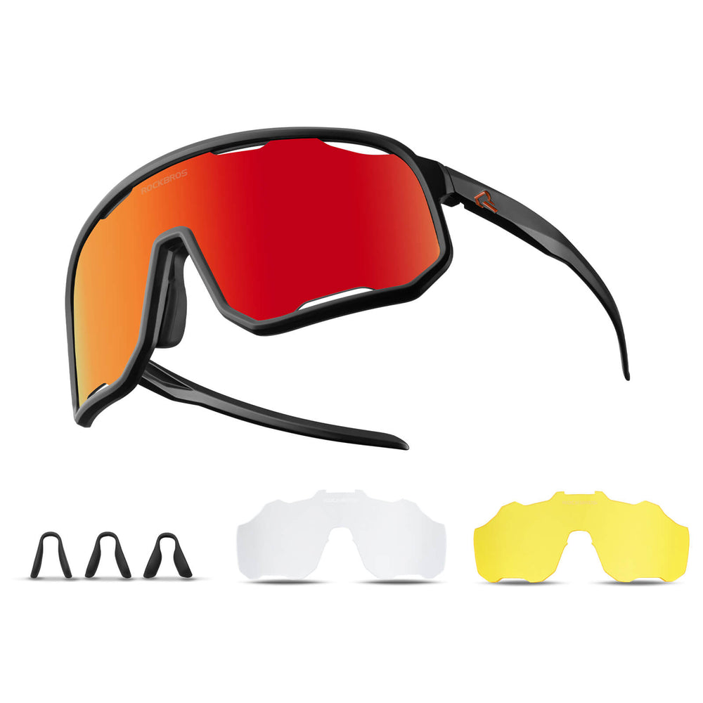 ROCKBROS Fahrradbrille Polarisierte Sonnenbrille UV-Schutz Wechsel-Nasenpads Damen/Herren-Schwarz-Rot