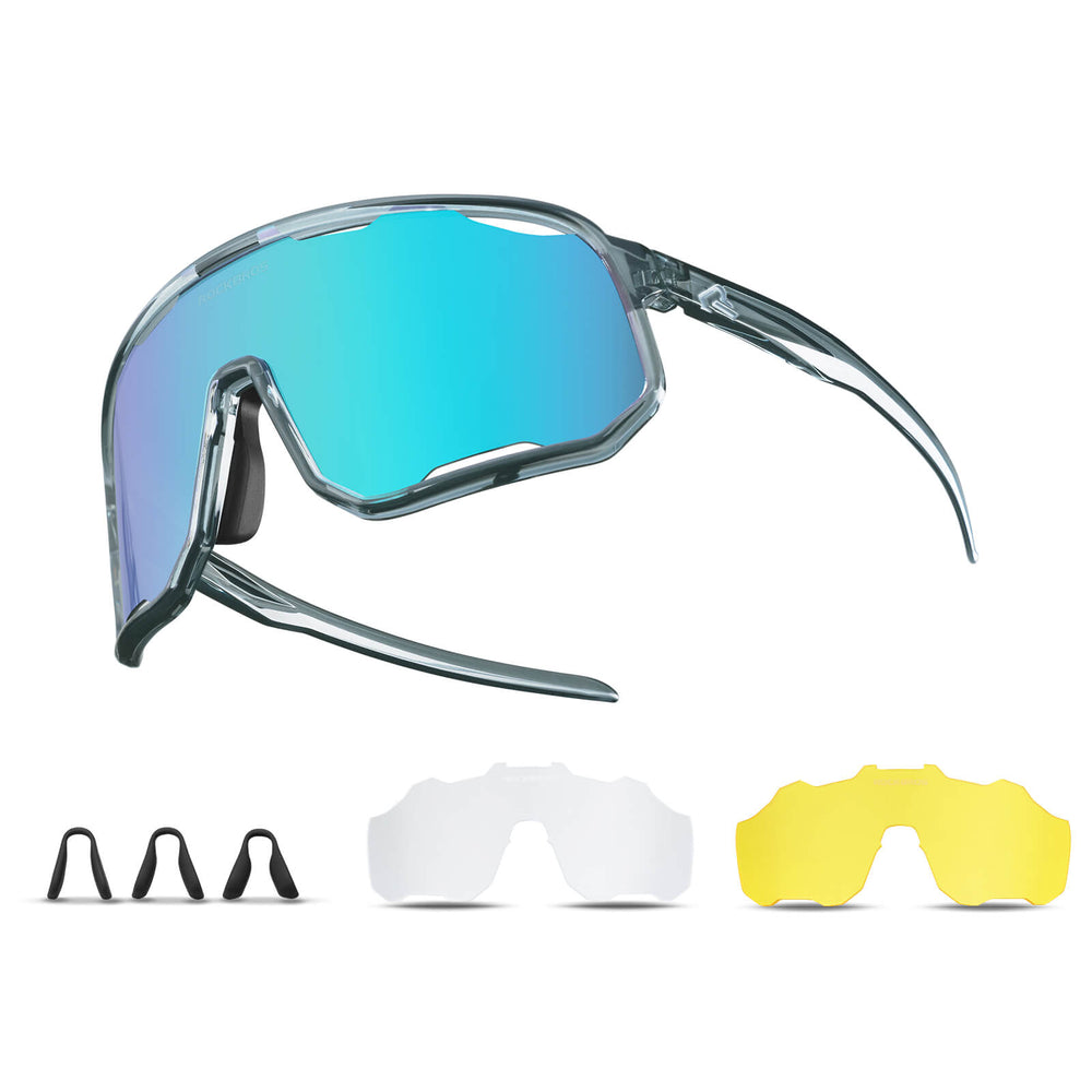 ROCKBROS Fahrradbrille Polarisierte Sonnenbrille UV-Schutz Wechsel-Nasenpads Damen/Herren-Silber-Blau