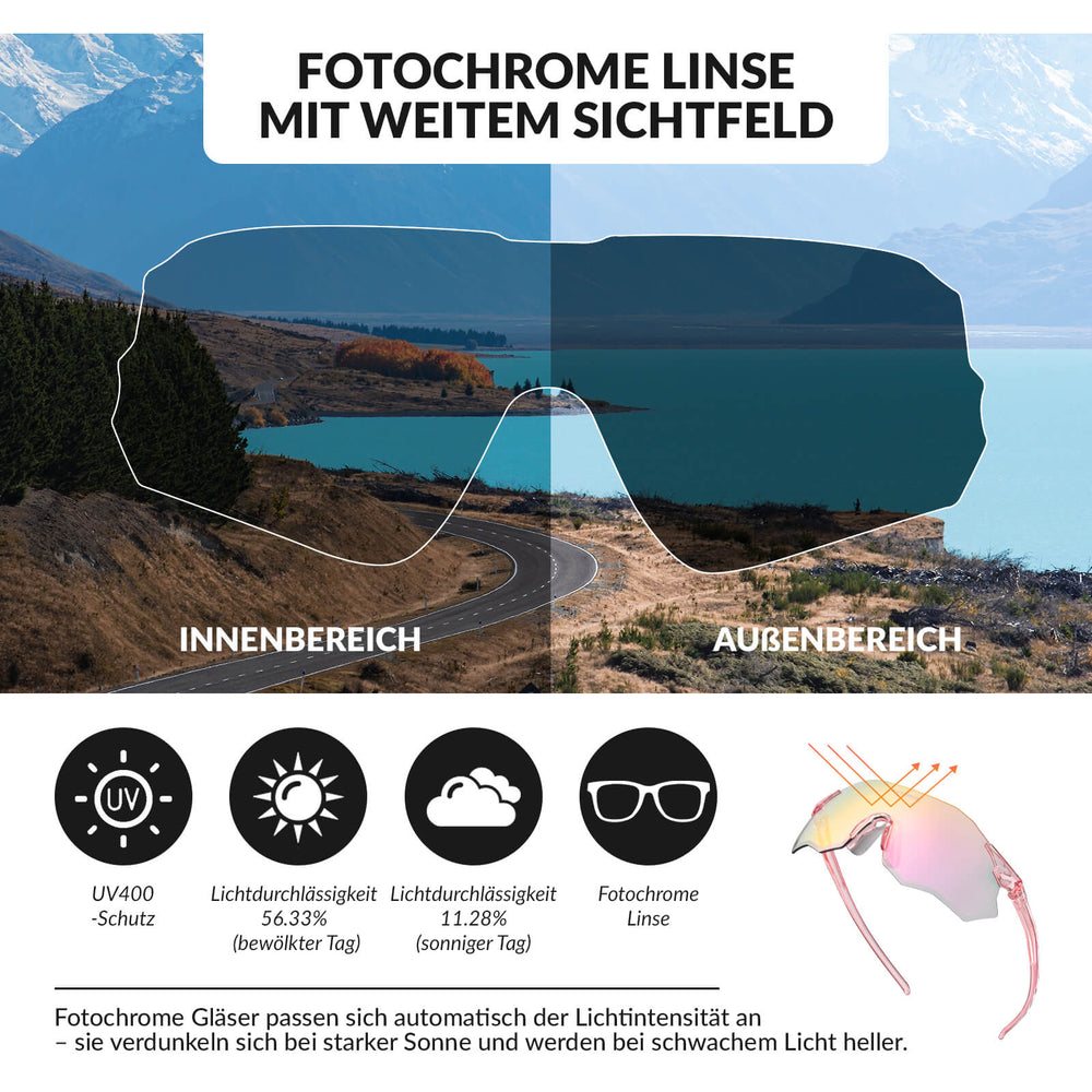 ROCKBROS Fahrradbrille Selbsttönend/Polarisiert UV400-Schutz Ohne Rahmen Unisex-Rosa/Selbsttönend