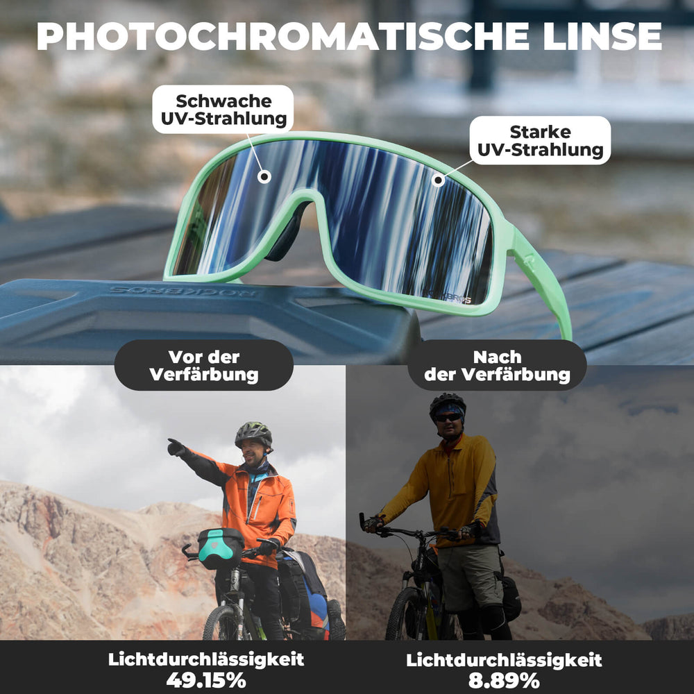 ROCKBROS Fahrradbrille Selbsttönend Sonnenbrille UV400-Schutz verstellbar Nasenpad-Grün