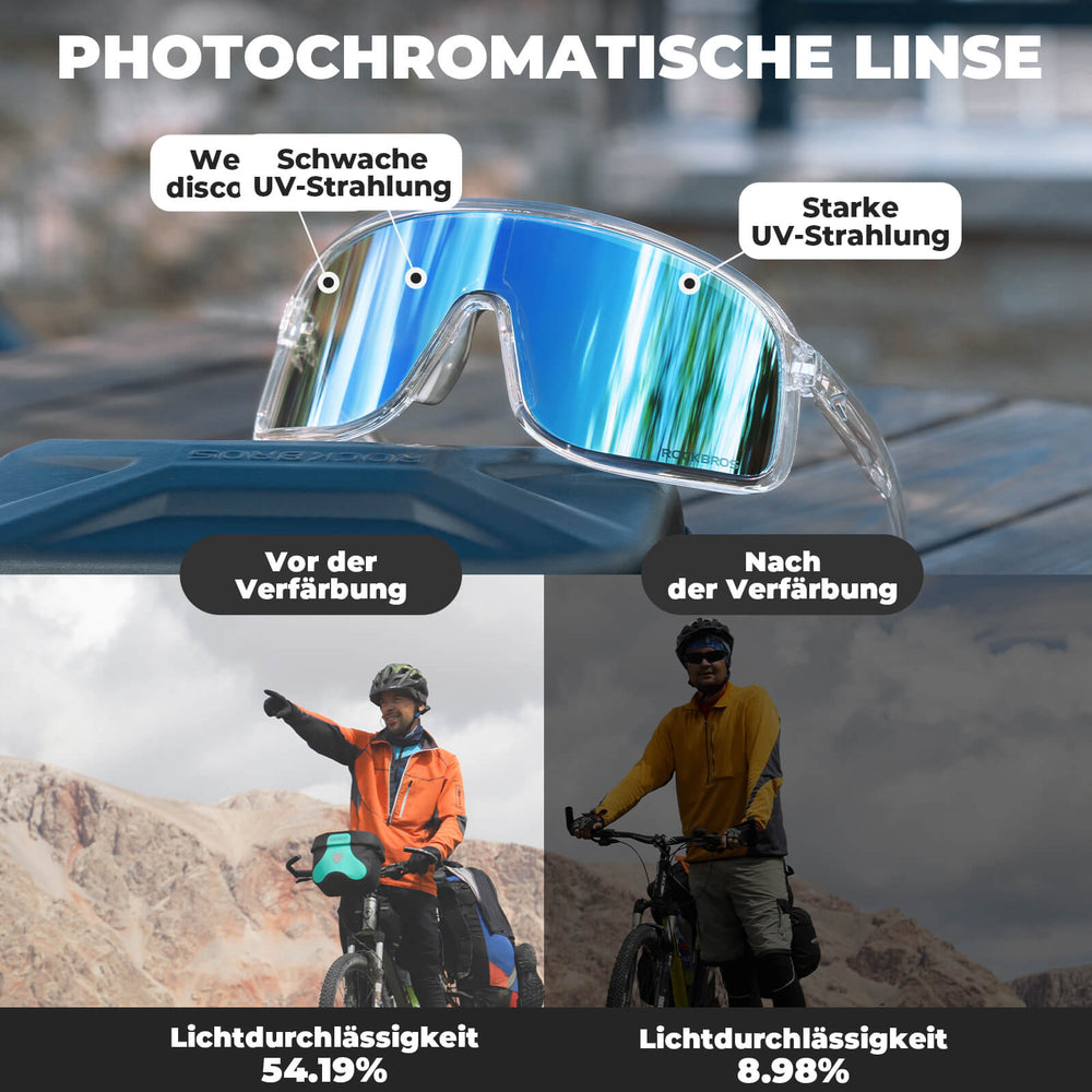ROCKBROS Fahrradbrille Selbsttönend Sonnenbrille UV400-Schutz verstellbar Nasenpad-Hellblau