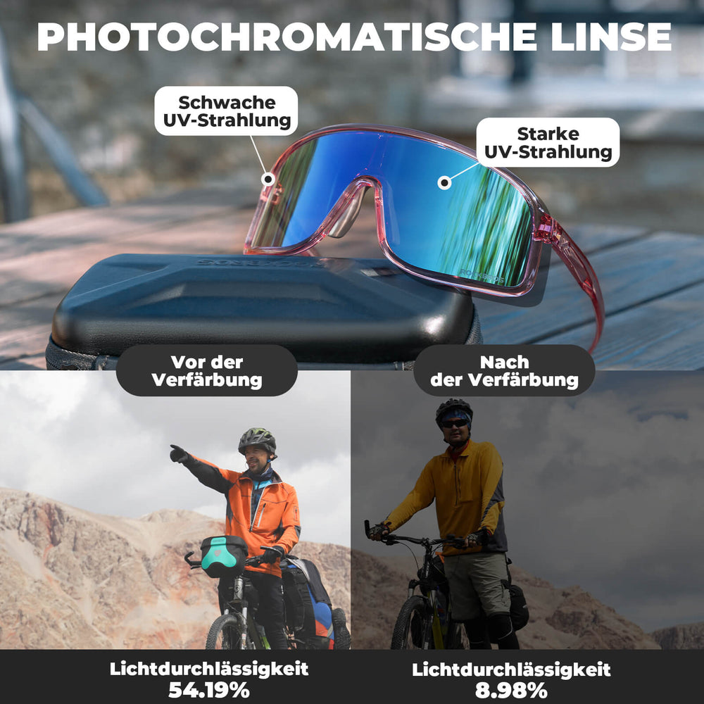 ROCKBROS Fahrradbrille Selbsttönend Sonnenbrille UV400-Schutz verstellbar Nasenpad-Rosa-Blau