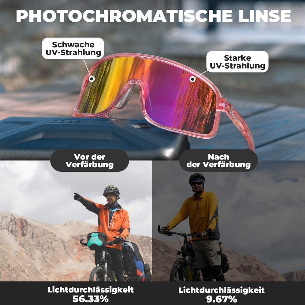 ROCKBROS Fahrradbrille Selbsttönend Sonnenbrille UV400-Schutz verstellbar Nasenpad-Rosa
