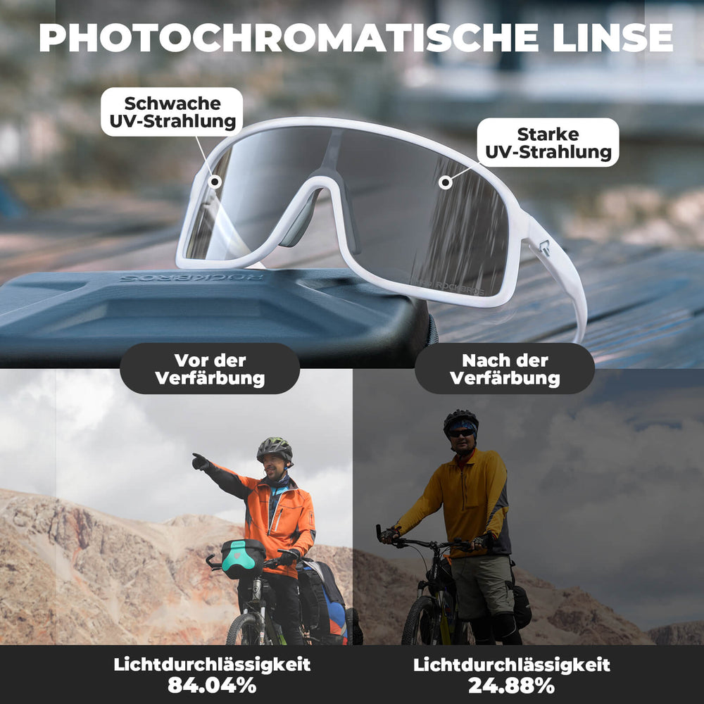 ROCKBROS Fahrradbrille Selbsttönend Sonnenbrille UV400-Schutz verstellbar Nasenpad-Weiß (Antibeschlag-Glas)