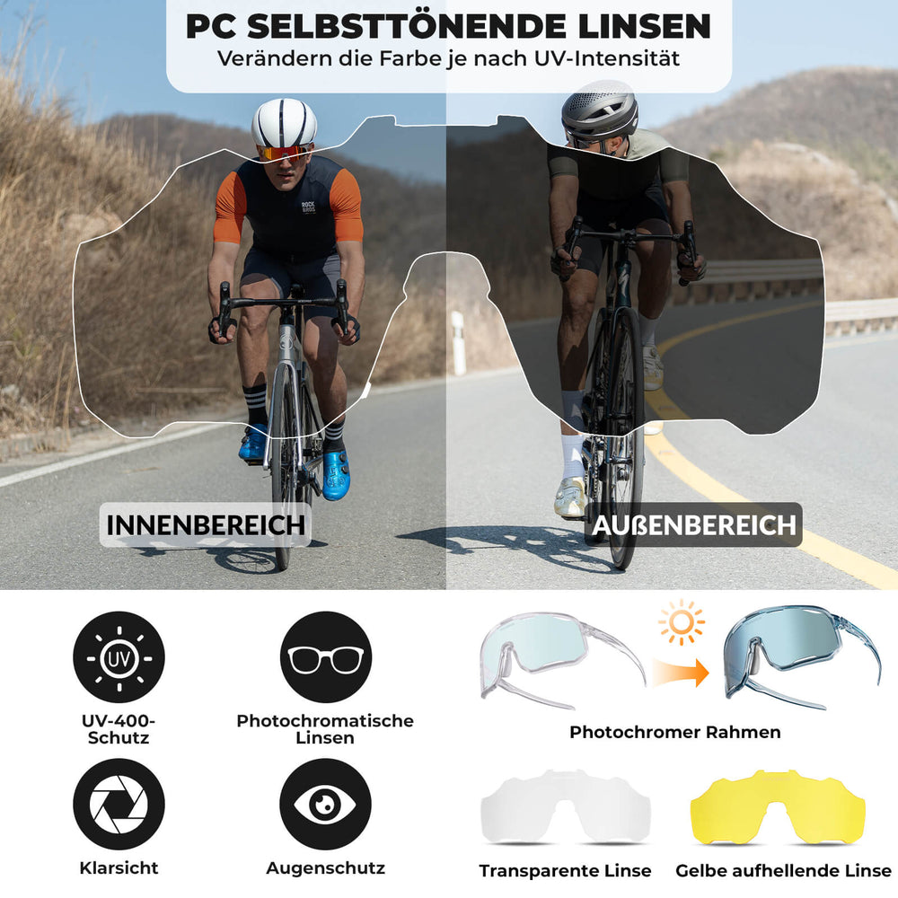ROCKBROS Fahrradbrille Selbsttönende Sonnenbrille UV-Schutz Wechsel-Nasenpads Damen/Herren-Transparent - Hellblau