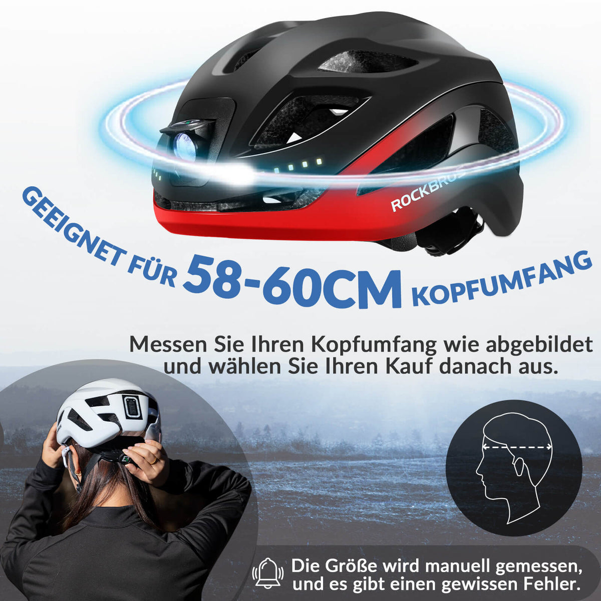ROCKBROS Fahrradhelm mit Licht, mit USB 1800 mAh Atmungsaktiv 58-60 cm – ROCKBROS-DE