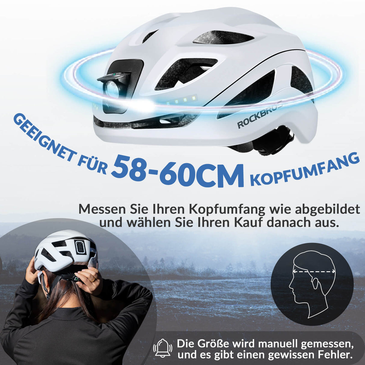 ROCKBROS Fahrradhelm mit Licht, mit USB 1800 mAh Atmungsaktiv 58-60 cm