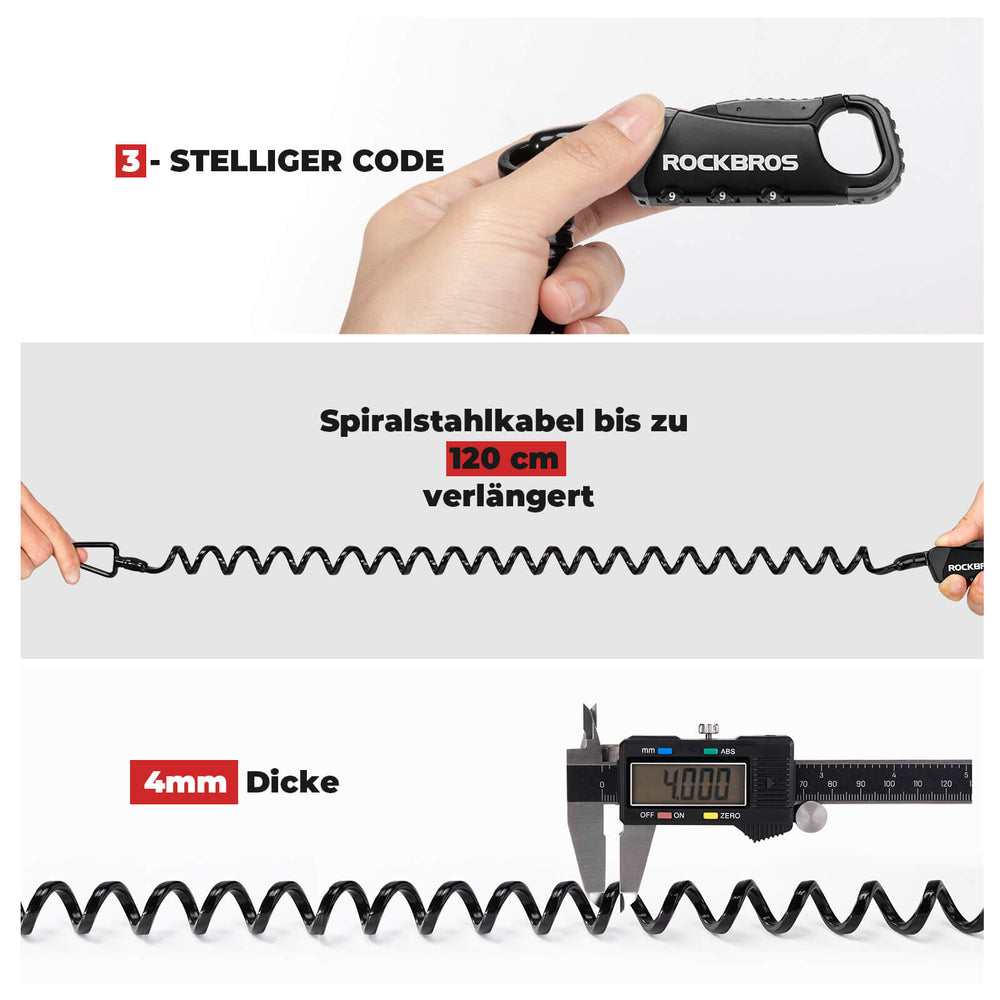 ROCKBROS Fahrradschloss Kabelschloss Zahlenschloss Helmschloss 120cm Leicht