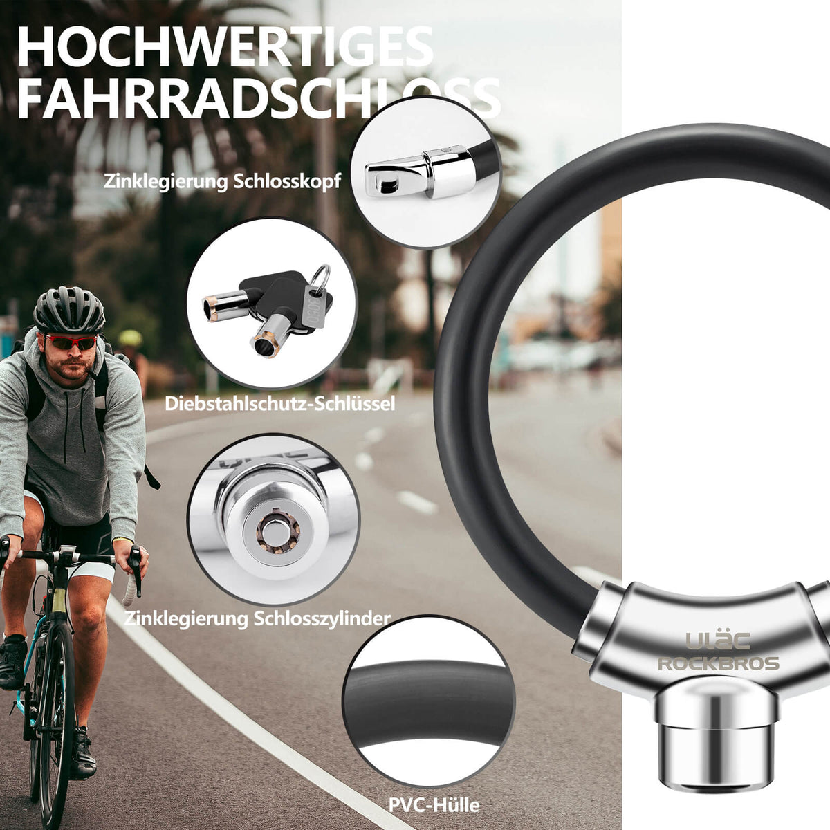 ROCKBROS bicycle lock cable lock with velcro fasteners without key – ROCKBROS-DE