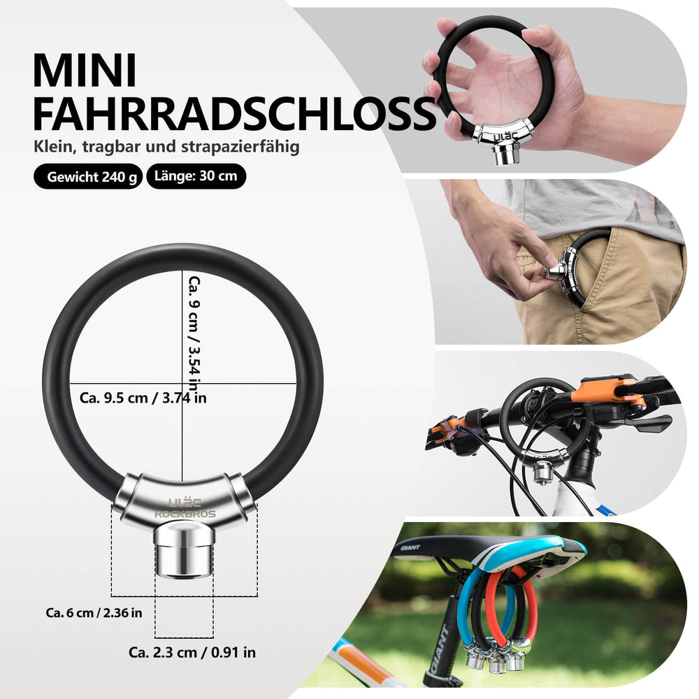 ROCKBROS Fahrradschloss Kabelschloss mit Klettverschlüssen ohne Schlüssel