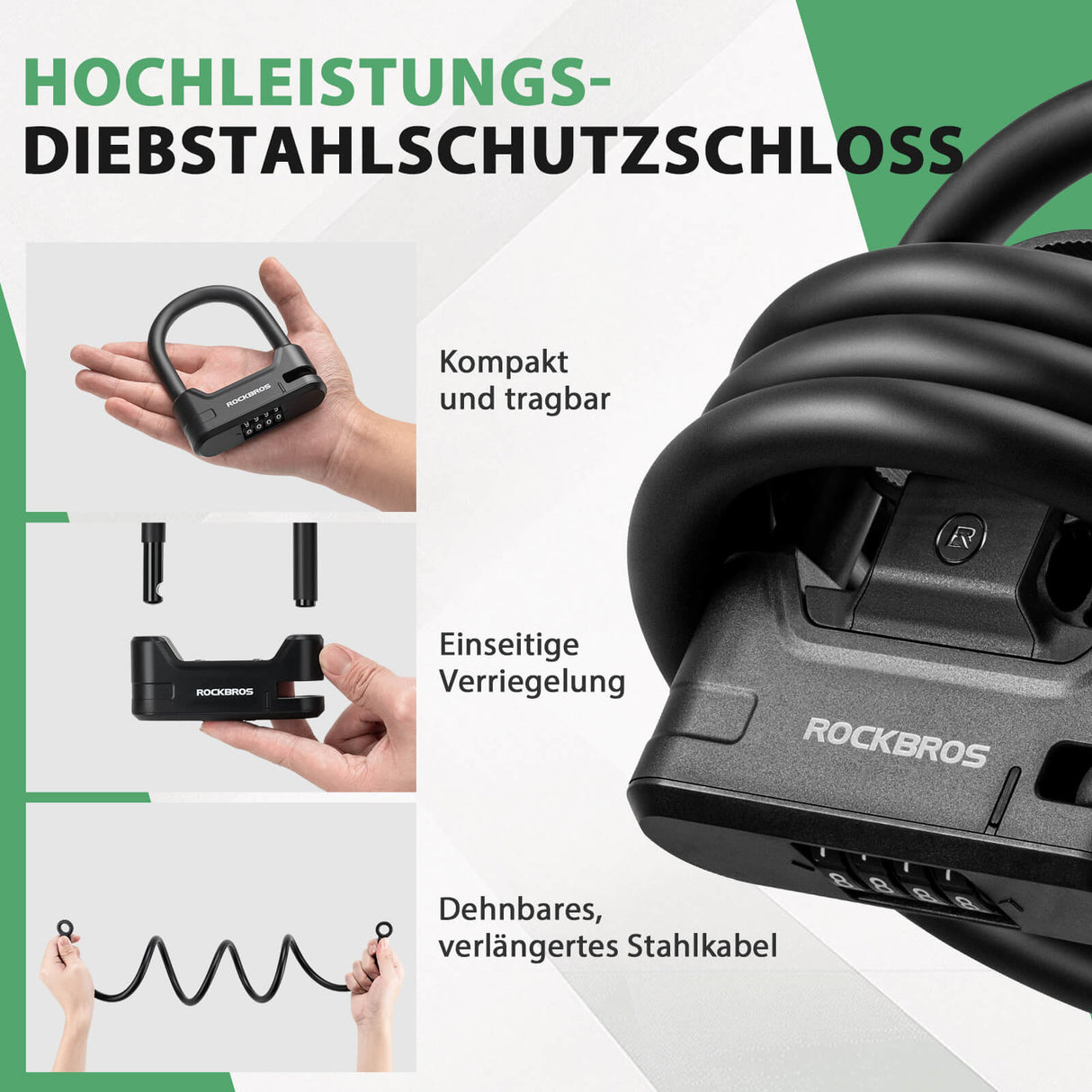 ROCKBROS Fahrradschloss Zahlenschloss U-Bügelschloss mit Kabel