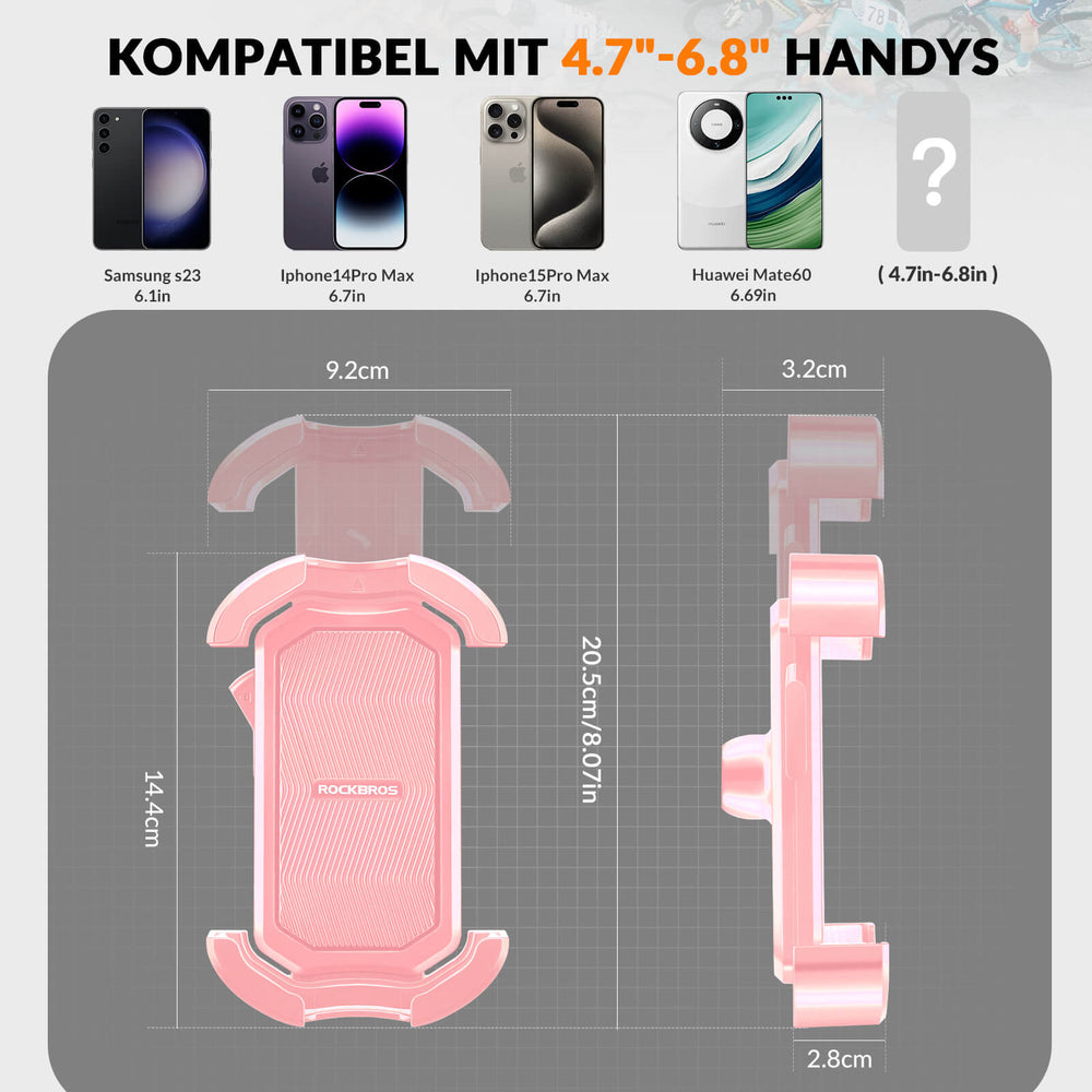 ROCKBROS Handyhalterung Fahrrad Handyhalter Motorrad 360° Drehbar für 4,7-7,0 Zoll-Rosa