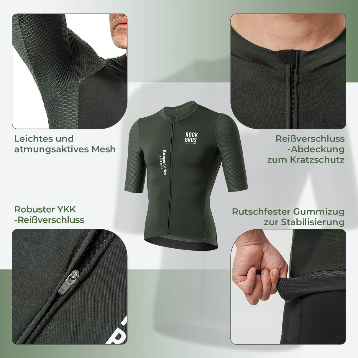 ROCKBROS  Herren Kurzarm Radtrikot Jersey für MTB & Rennrad Grün