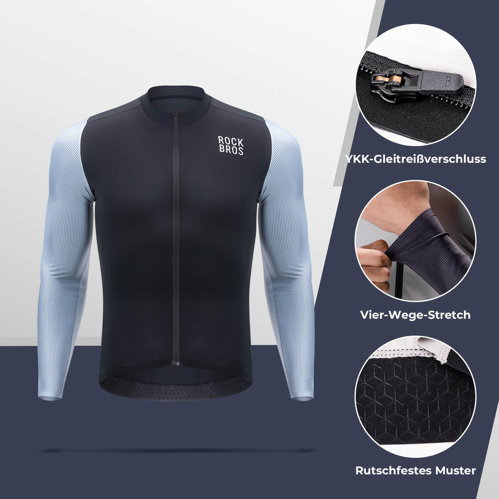 ROCKBROS  Herren Langarm-Radtrikot Atmungsaktive Fahrrad Jersey Schnell Trocknend-Schwarz