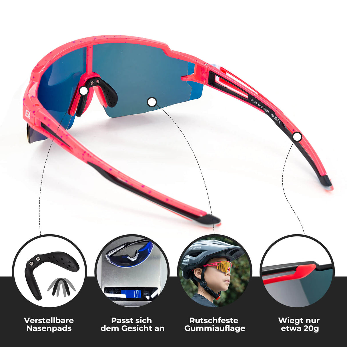 ROCKBROS Kinder Fahrradbrille Sonnenbrille Polarisiert UV400 für Jungen-Rot-Rosa