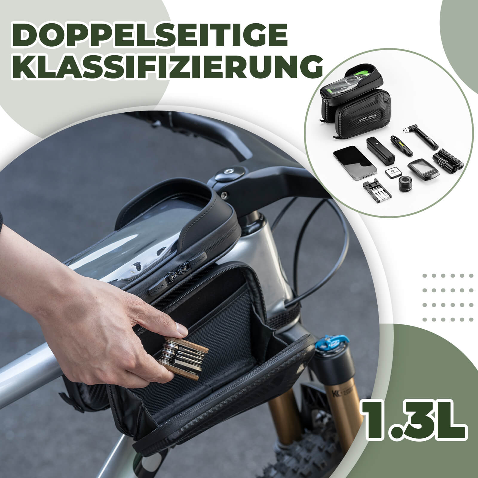 ROCKBROS Oberrohrtasche für Smartphone mit Lichtschutz und Seitentaschen