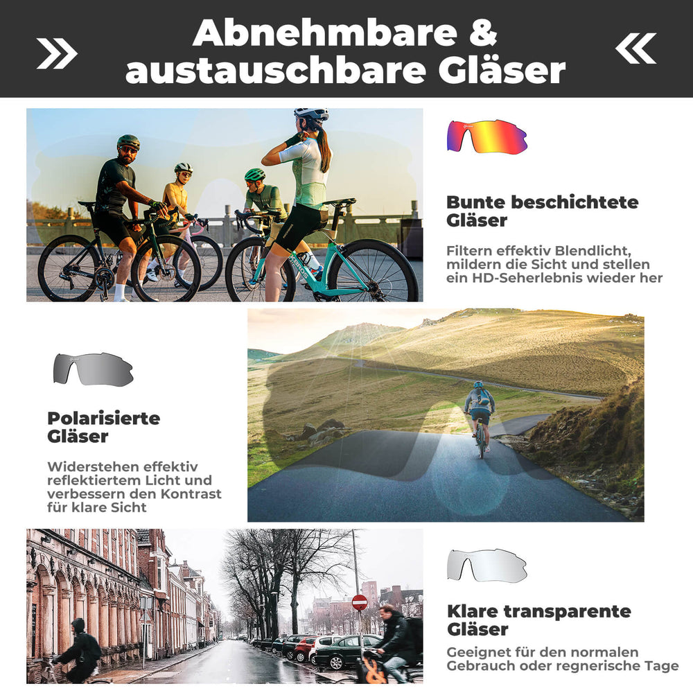ROCKBROS Polarisierte Fahrradbrille mit wechselbaren Gläsern UV-Schutz Unisex