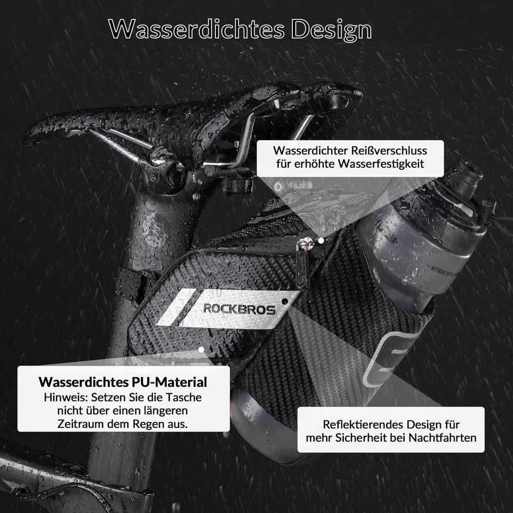 ROCKBROS Satteltasche 1L, schwarze Fahrradsitz Tasche mit integriertem Flaschenhalter für sicheren Transport und einfache Montage.