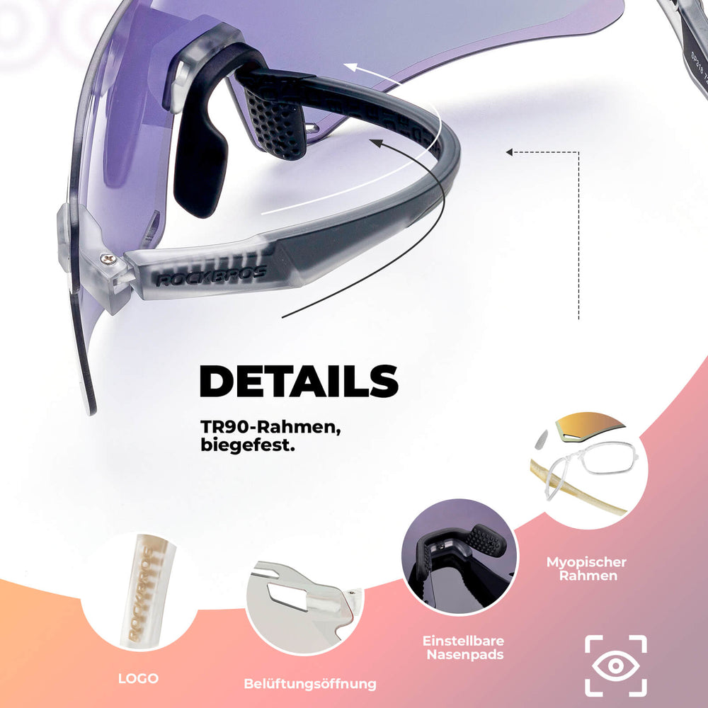 ROCKBROS Sonnenbrille Winddichte Fahrradbrille für Outdoor-Sportarten- Selbsttönend Rot