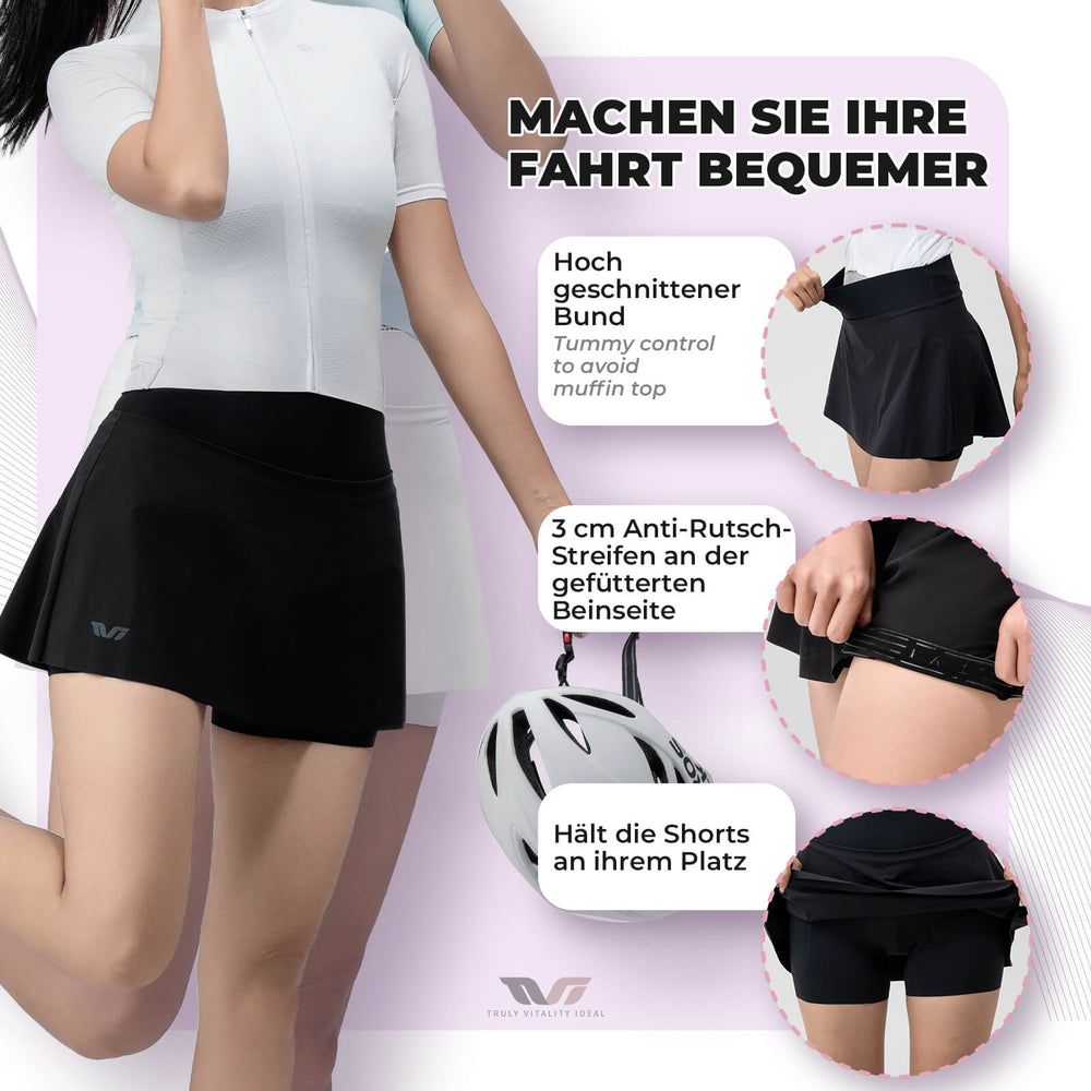 ROCKBROS TVI 2 in 1 Fahrradrock Kurze Gepolstert Radlerhose mit Tasche Damen-Schwarz