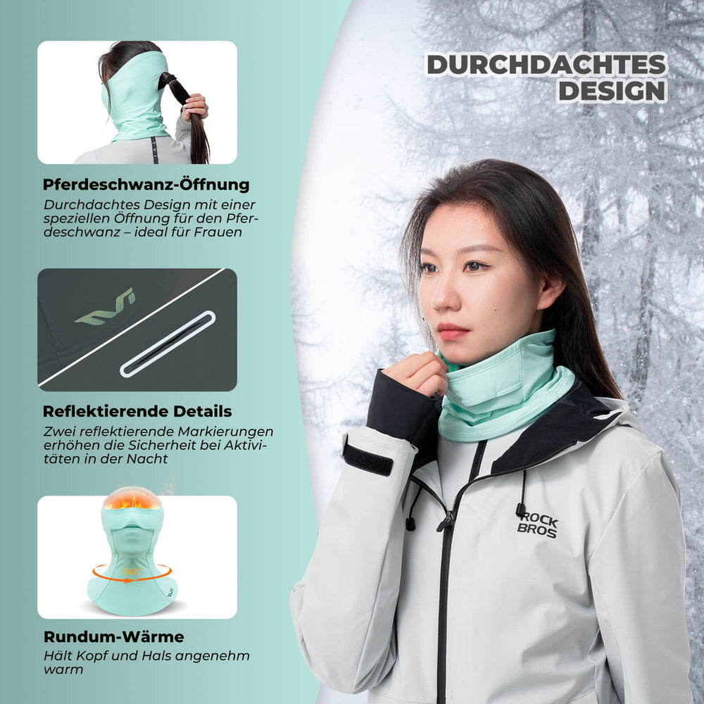 ROCKBROS TVI Damen Sturmhaube Balaclava mit Pferdeschwanz-Öffnung Warm Grün