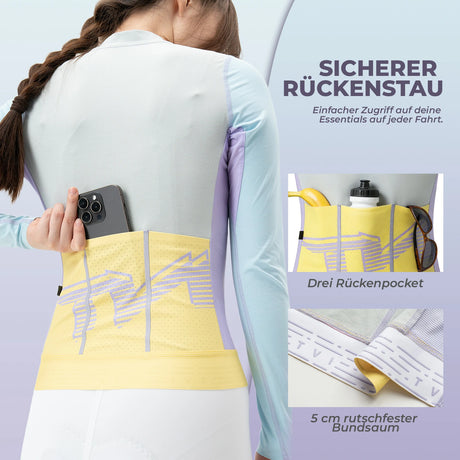 TVI Damen Langarm‑Radtrikot – Mit 3 Rückentaschen & Reflexstreifen, atmungsaktiv & dehnbar