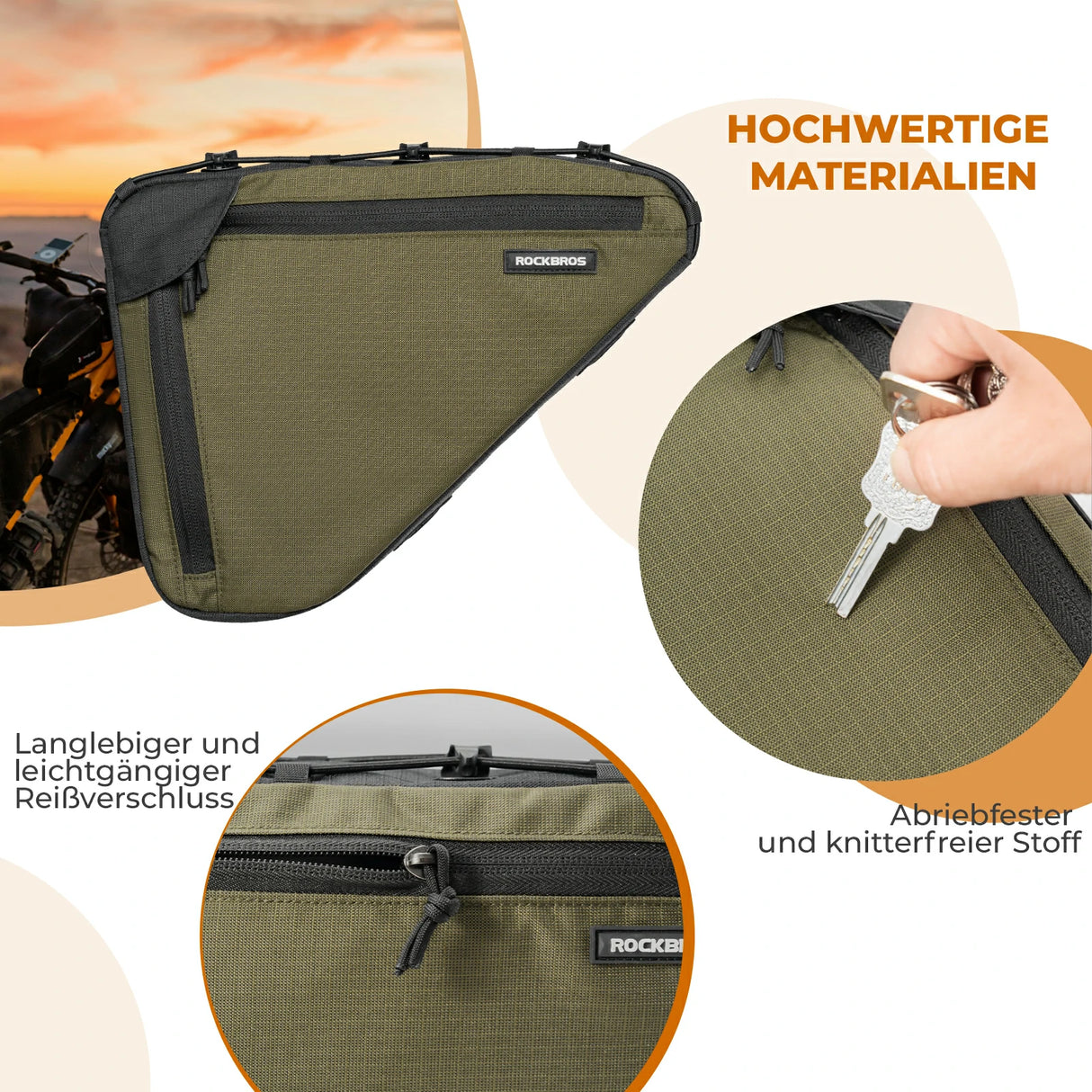 Fahrrad-Rahmentasche mit doppelseitigem Reißverschluss